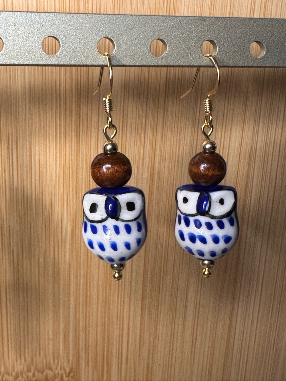 Owl Ceramic Blue and White Dangle Earrings Wooden Q Bead Design Handmade